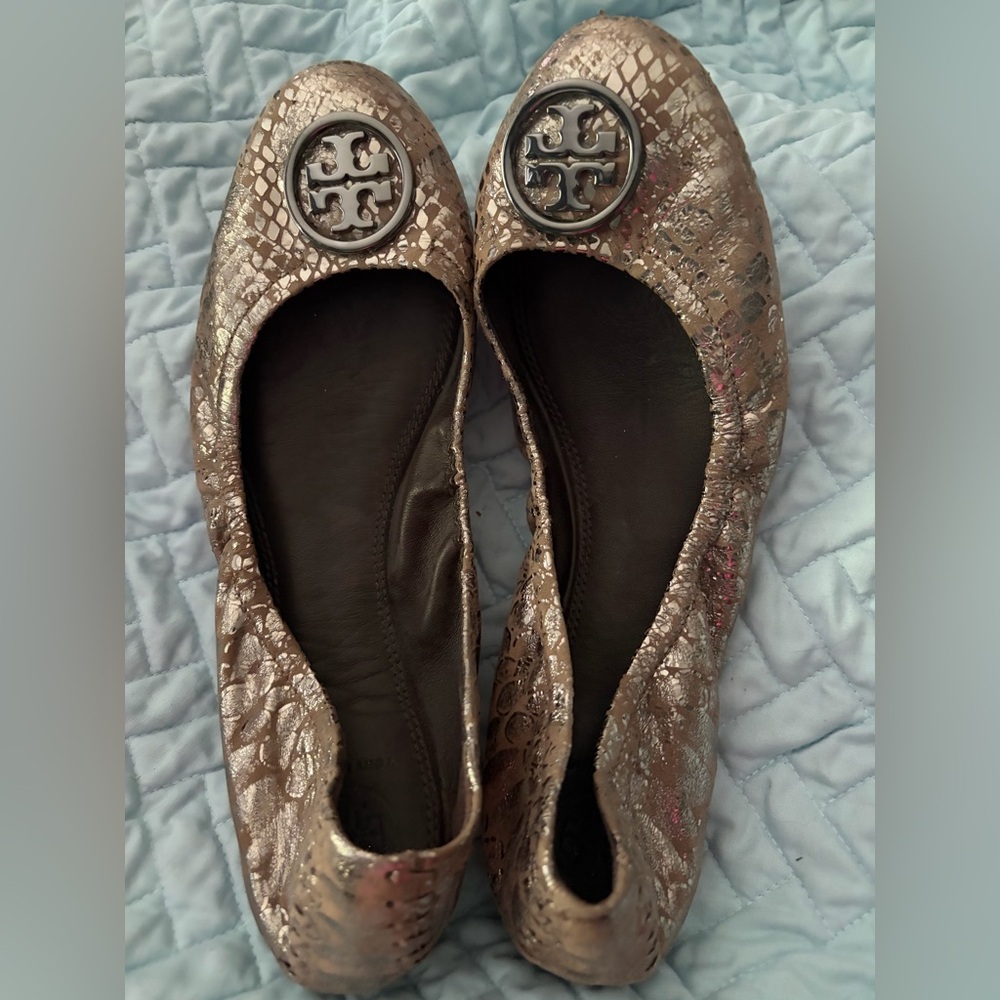 Tory Burch Metallic Brown Textured Suede Heidi Scrunch Ballet Flats